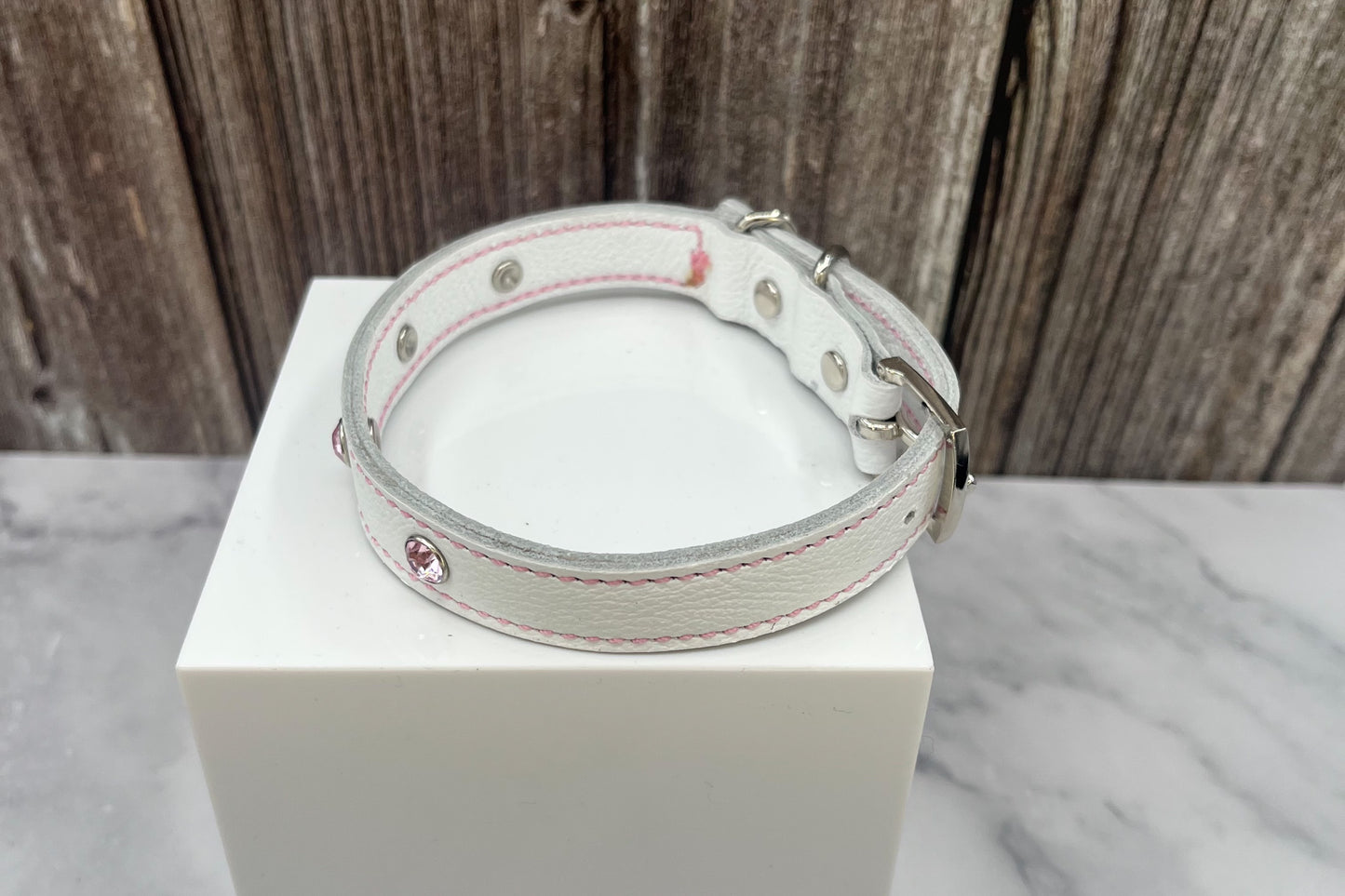 White Leather Collar with Light Pink Gem Rivets
