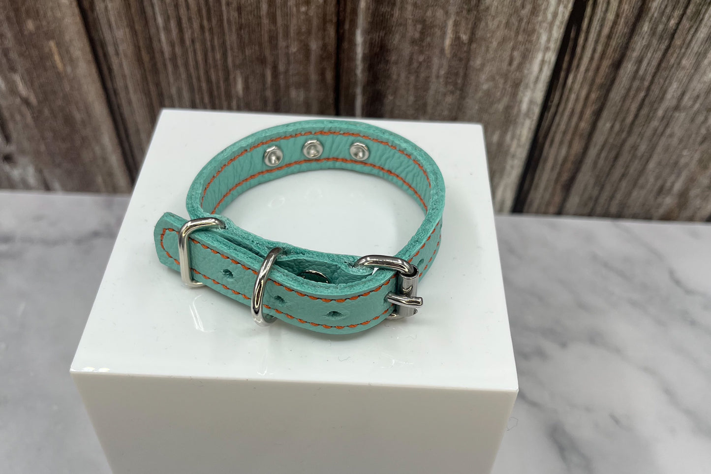 Aqua Green Leather Collar with Clear gem rivets