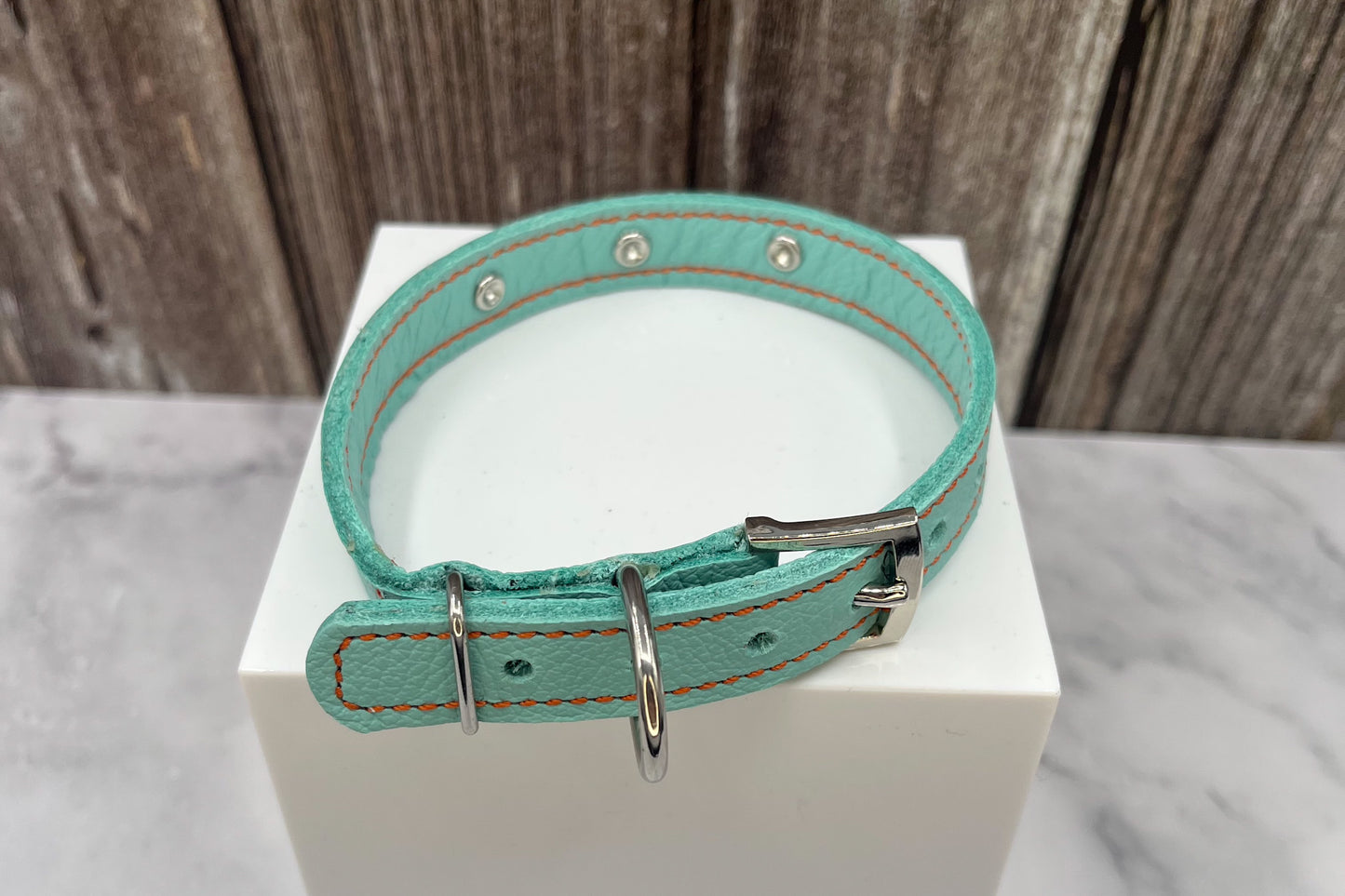 Aqua Green Leather Collar with Black Gem Rivets