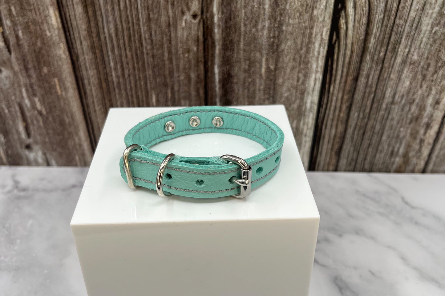 Aqua Green Leather Collar with Hot Pink gem rivets