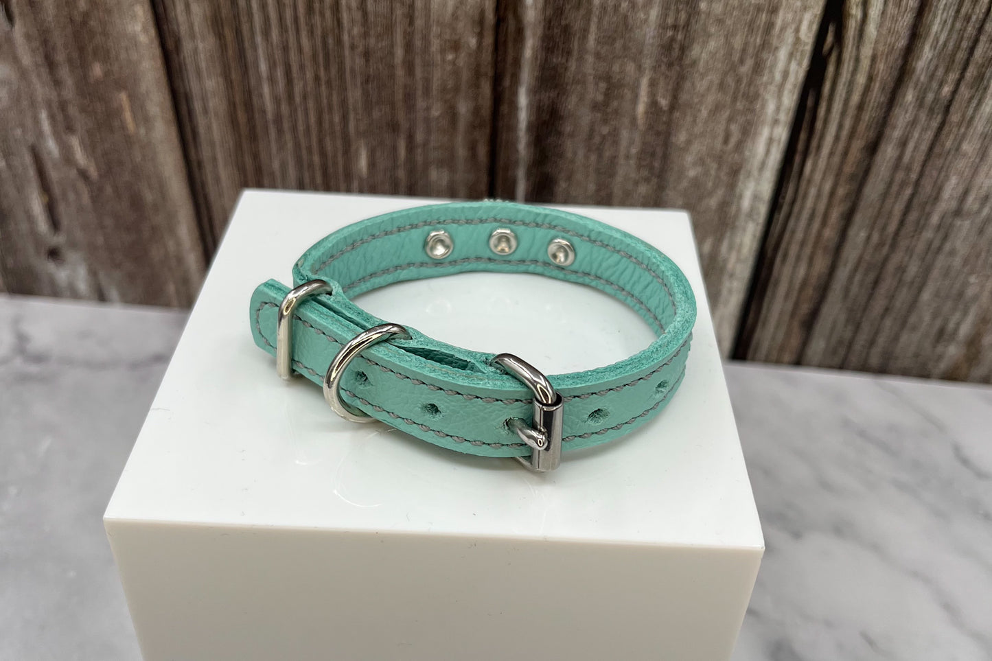 Aqua Green Leather Collar with Jade Green gem rivets