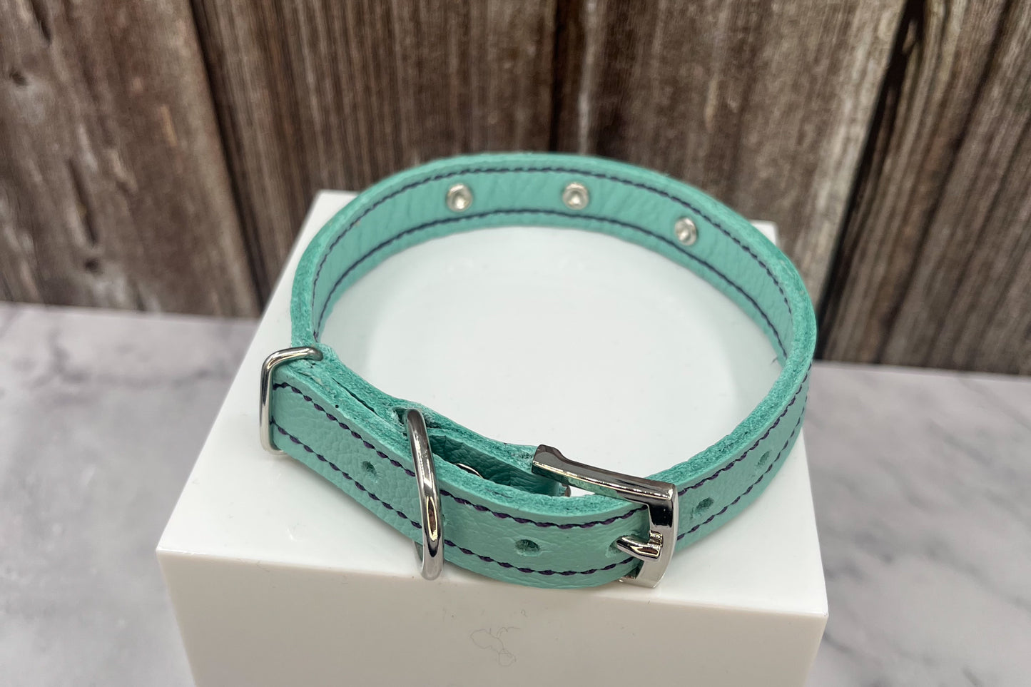 Aqua Green Leather Collar with Midnight Blue Gem Rivets