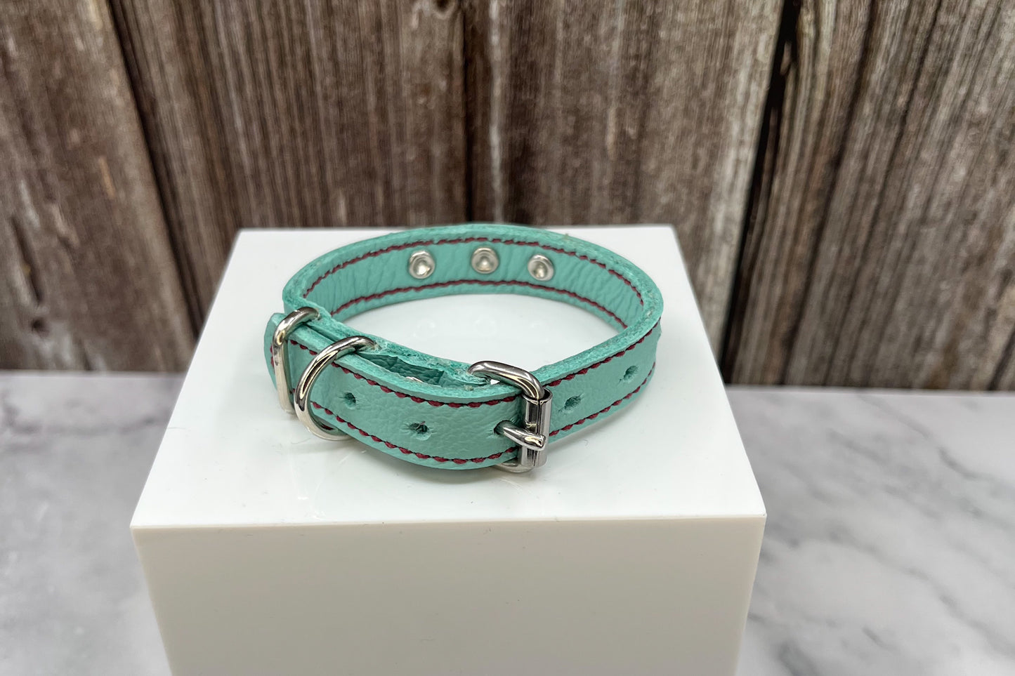 Aqua Green Leather Collar with Red gem rivets
