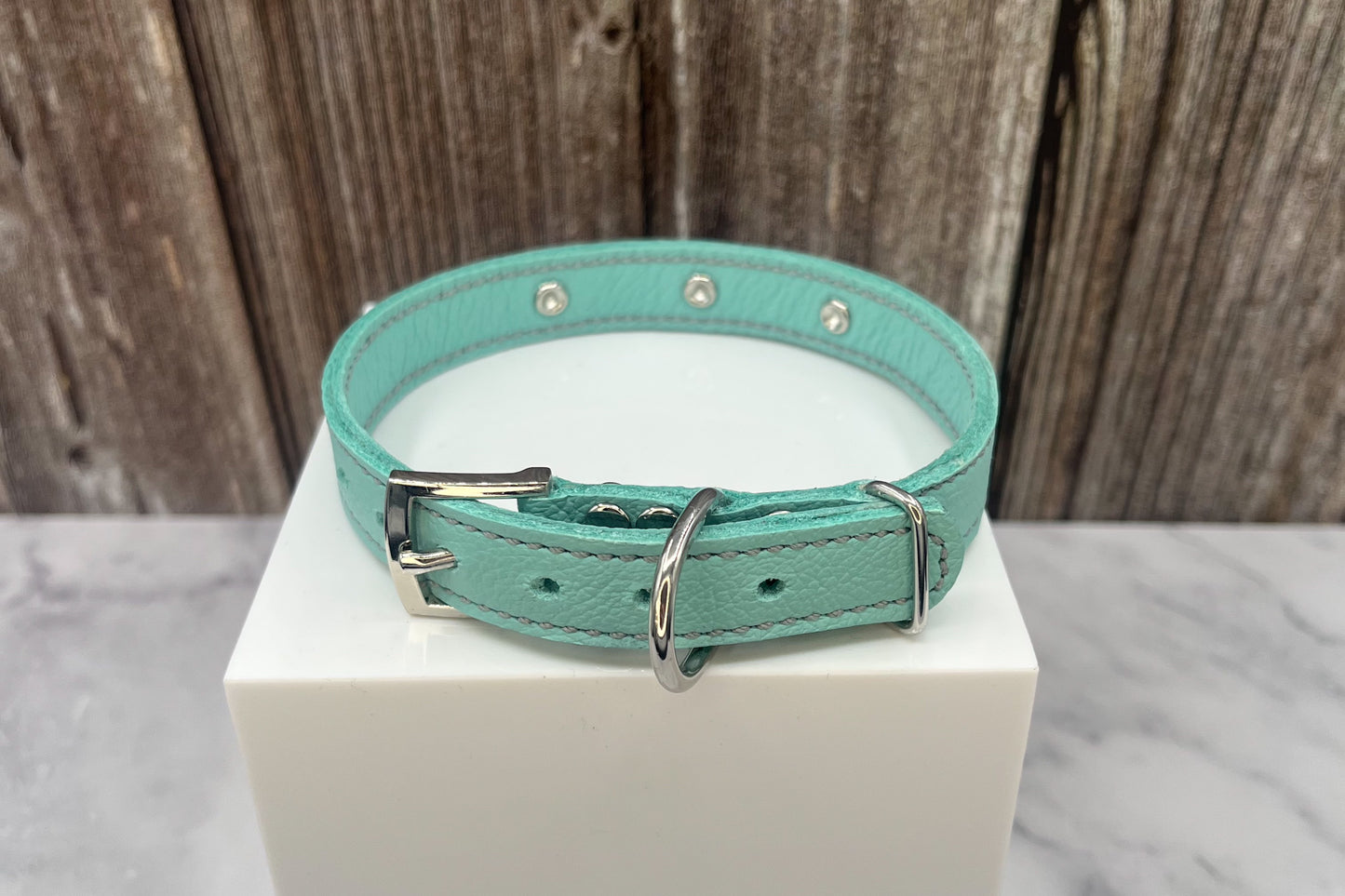 Aqua Green Leather Collar with Turquoise Gem Rivets