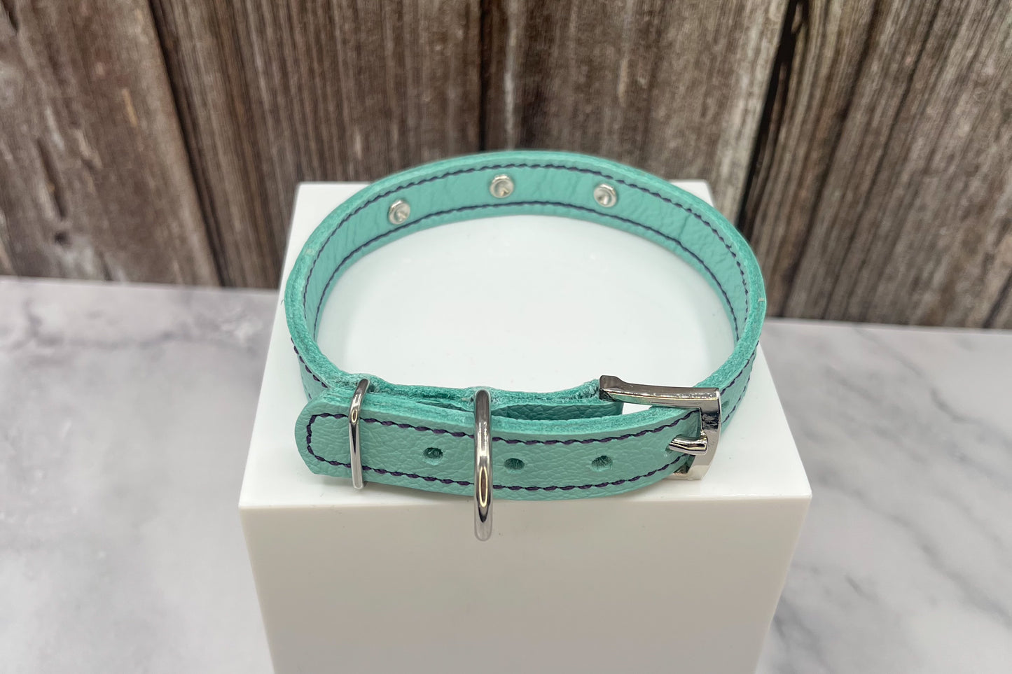 Aqua Green Leather Collar with Violet Rivets