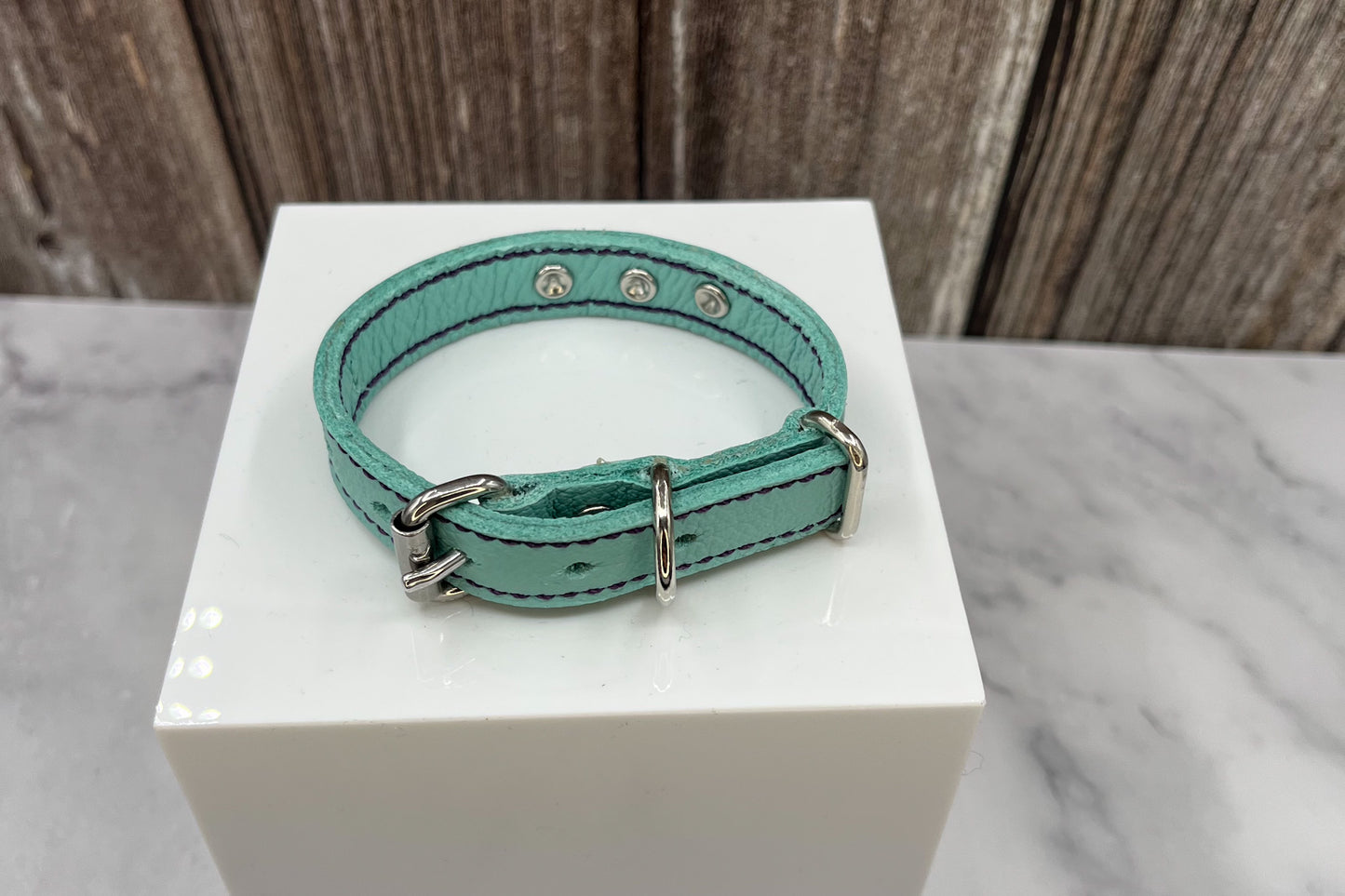 Extra Small Aqua Green Leather Collar with Violet gem rivets