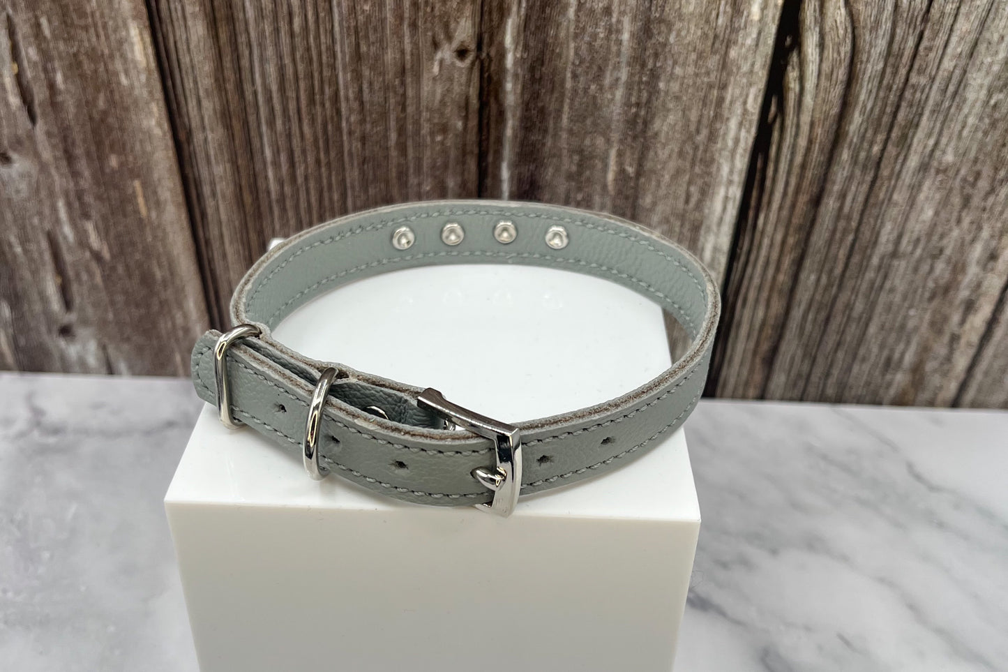 Grey Leather Collar with Jade Green Rivets