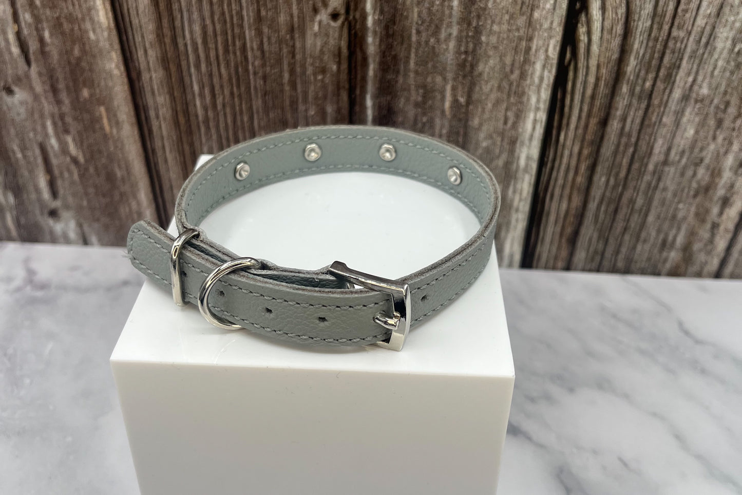 Grey Leather Collar with Lilac Gem Rivets