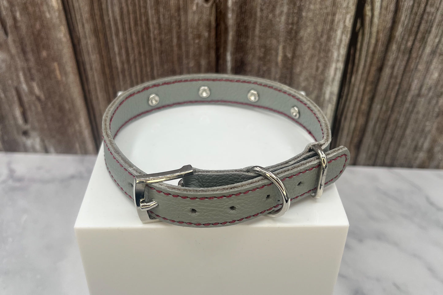 Grey Leather Collar wtih Red Gem Rivets