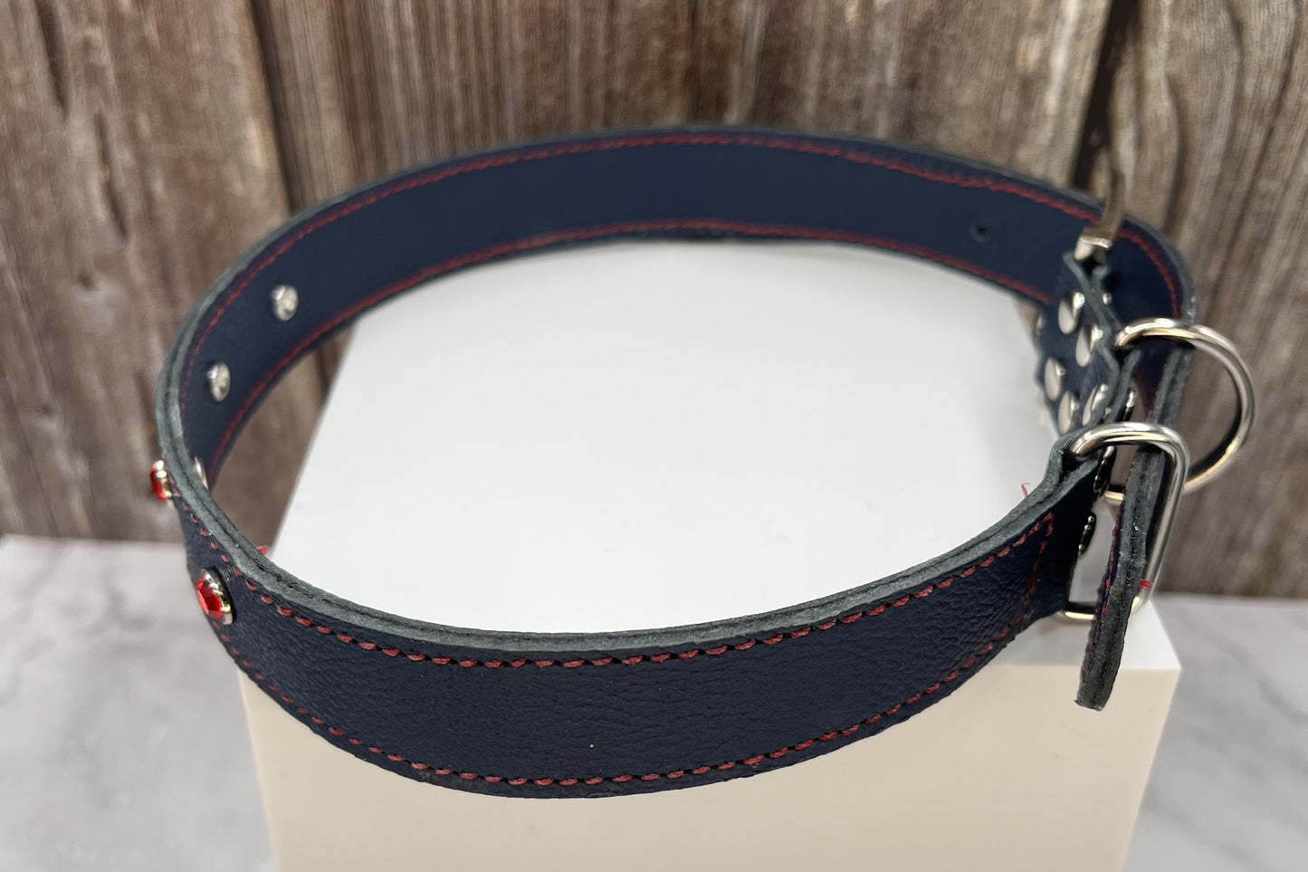 Large Navy Blue Leather Collar with Red Gem rivets