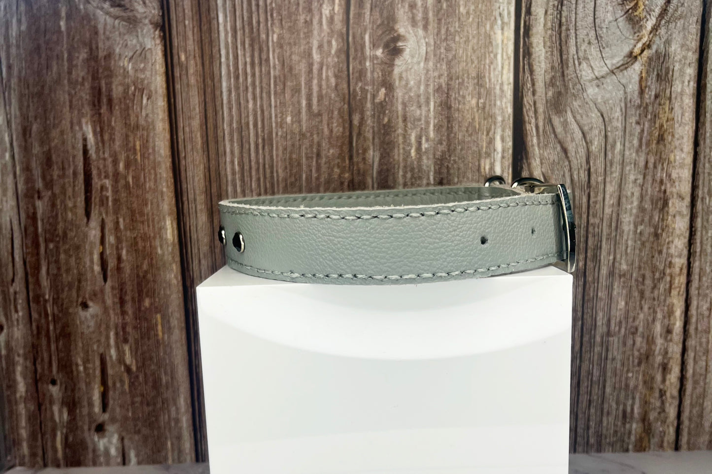 Large Grey Leather Collar with Black Diamante