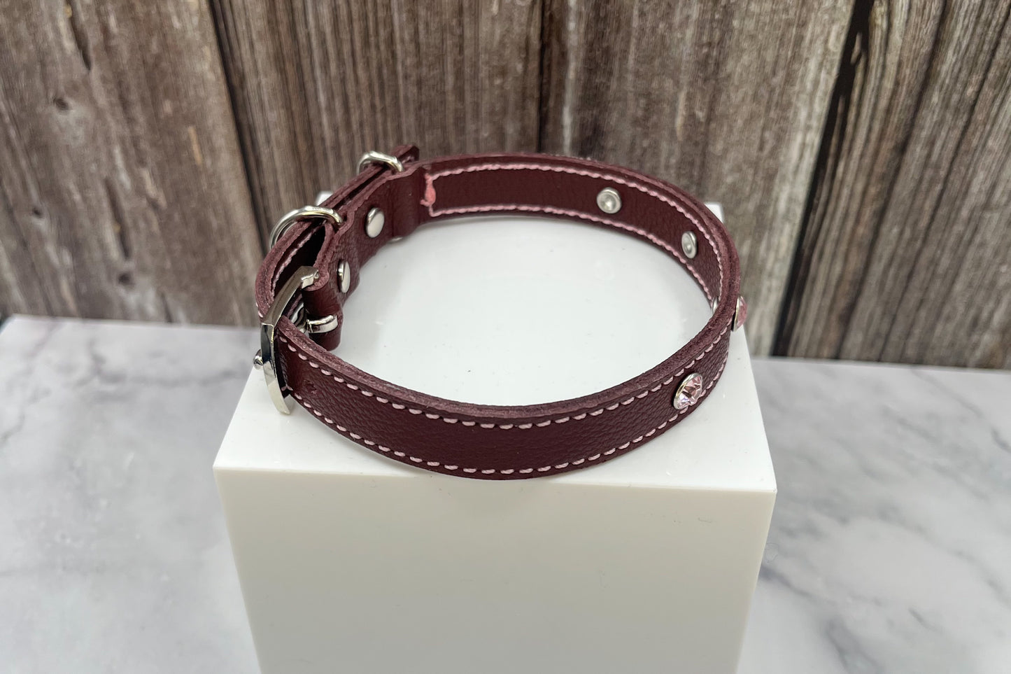 Small Red Leather Collar with Light Pink Gem Rivets