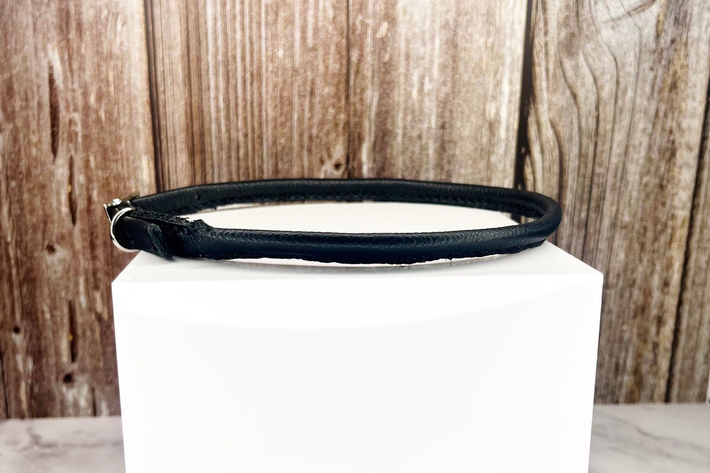 Thin Rolled Black Leather Dog Collar