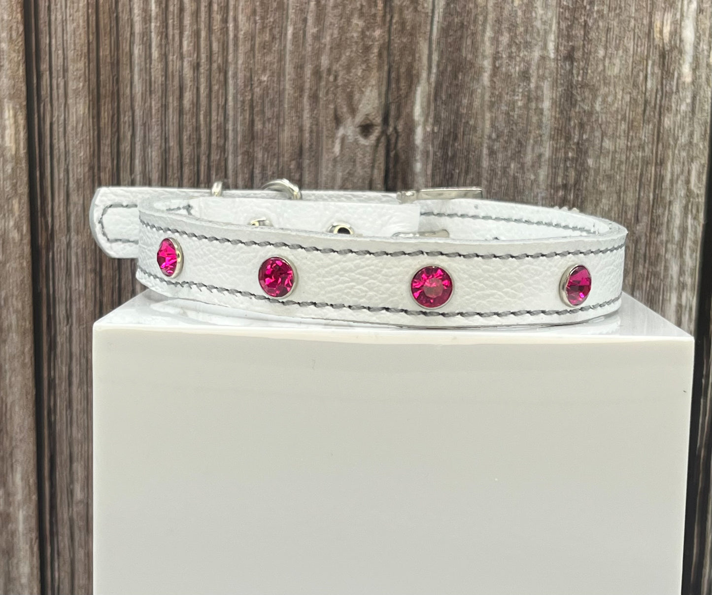 White Leather Collar with Hot Pink Rivets
