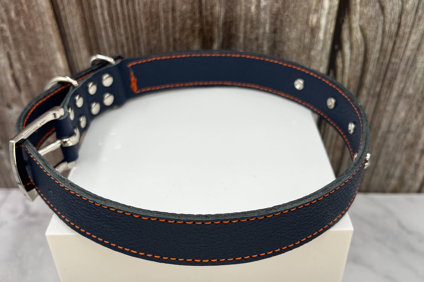 Large Navy Blue Leather Collar with Clear Gem rivets and Orange Stitching