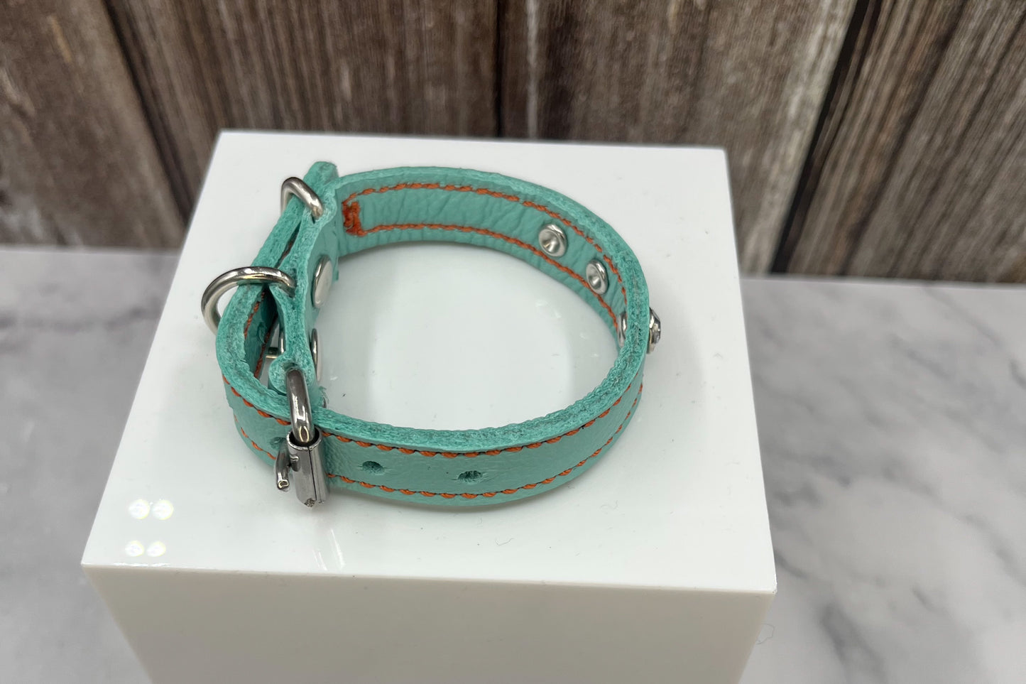 Aqua Green Leather Collar with Clear gem rivets