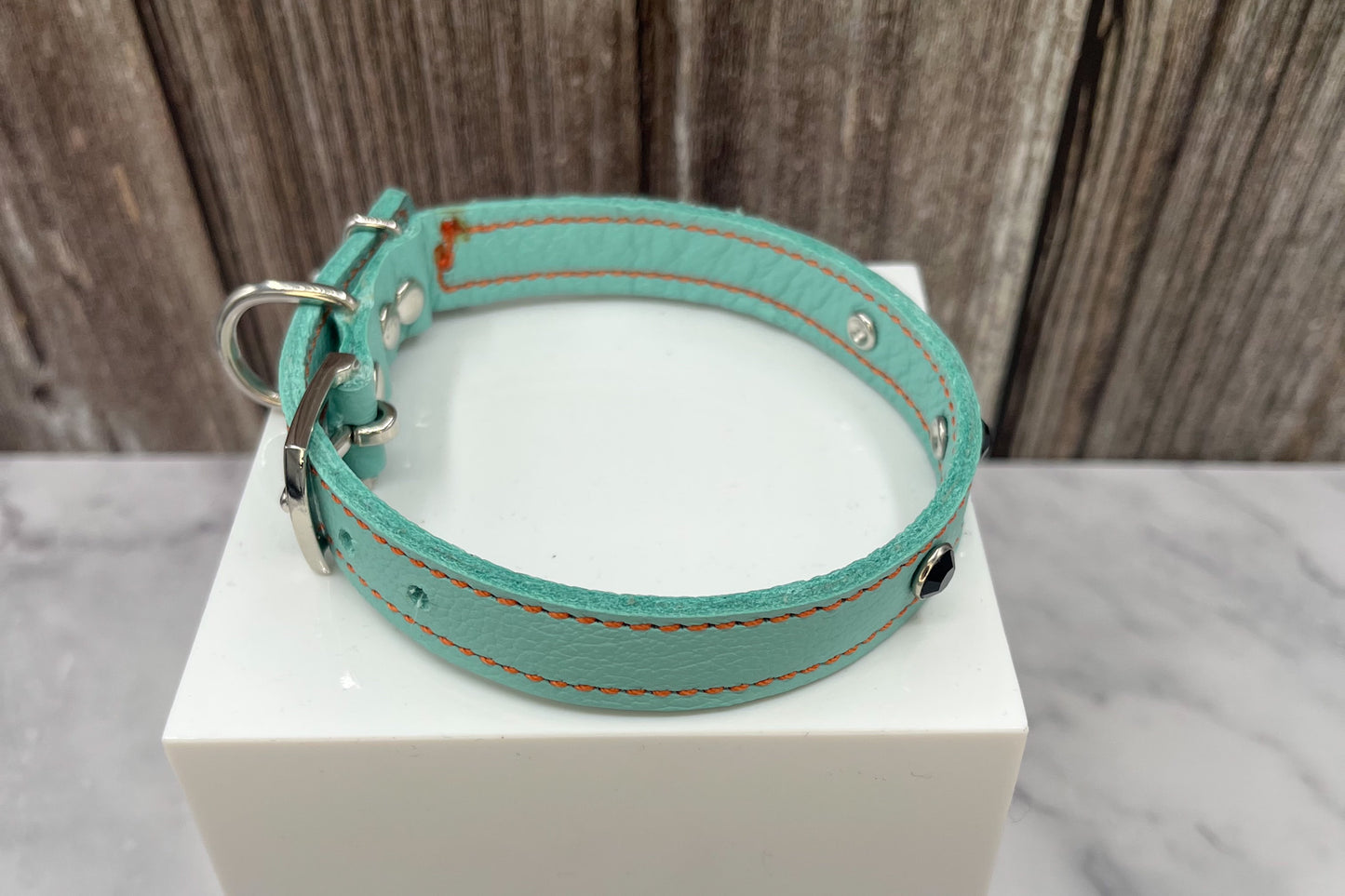 Aqua Green Leather Collar with Black Gem Rivets