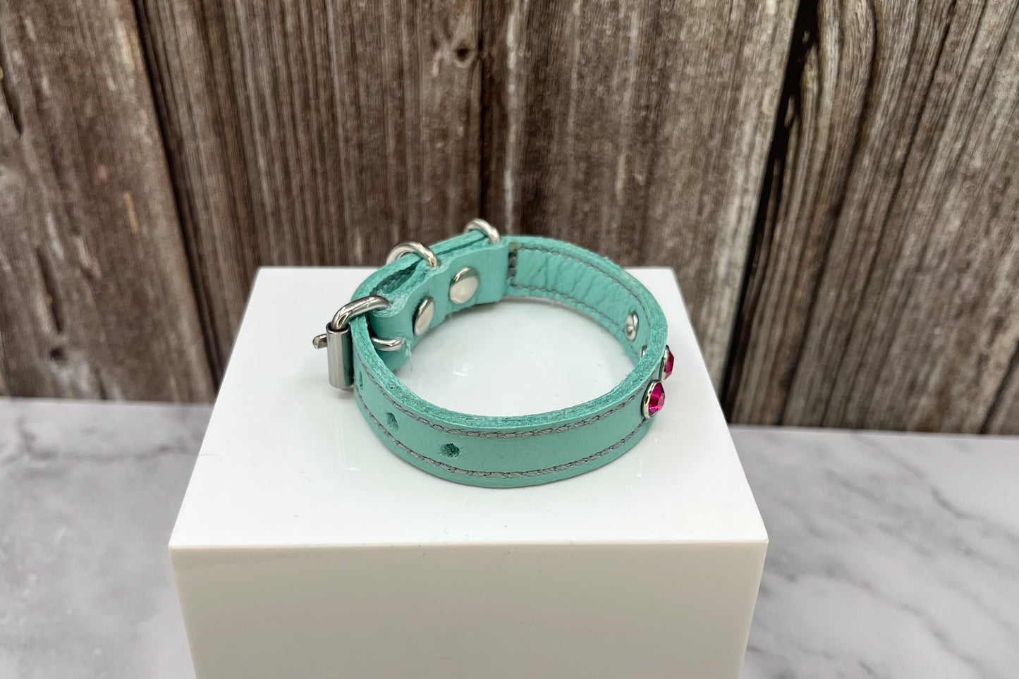 Aqua Green Leather Collar with Hot Pink gem rivets