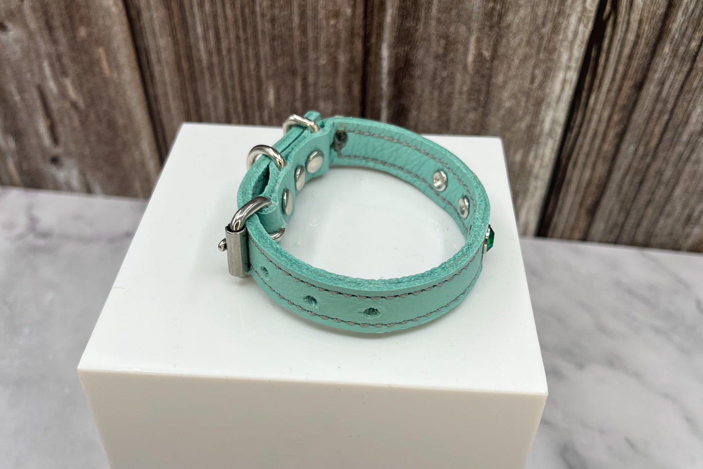 Aqua Green Leather Collar with Jade Green gem rivets