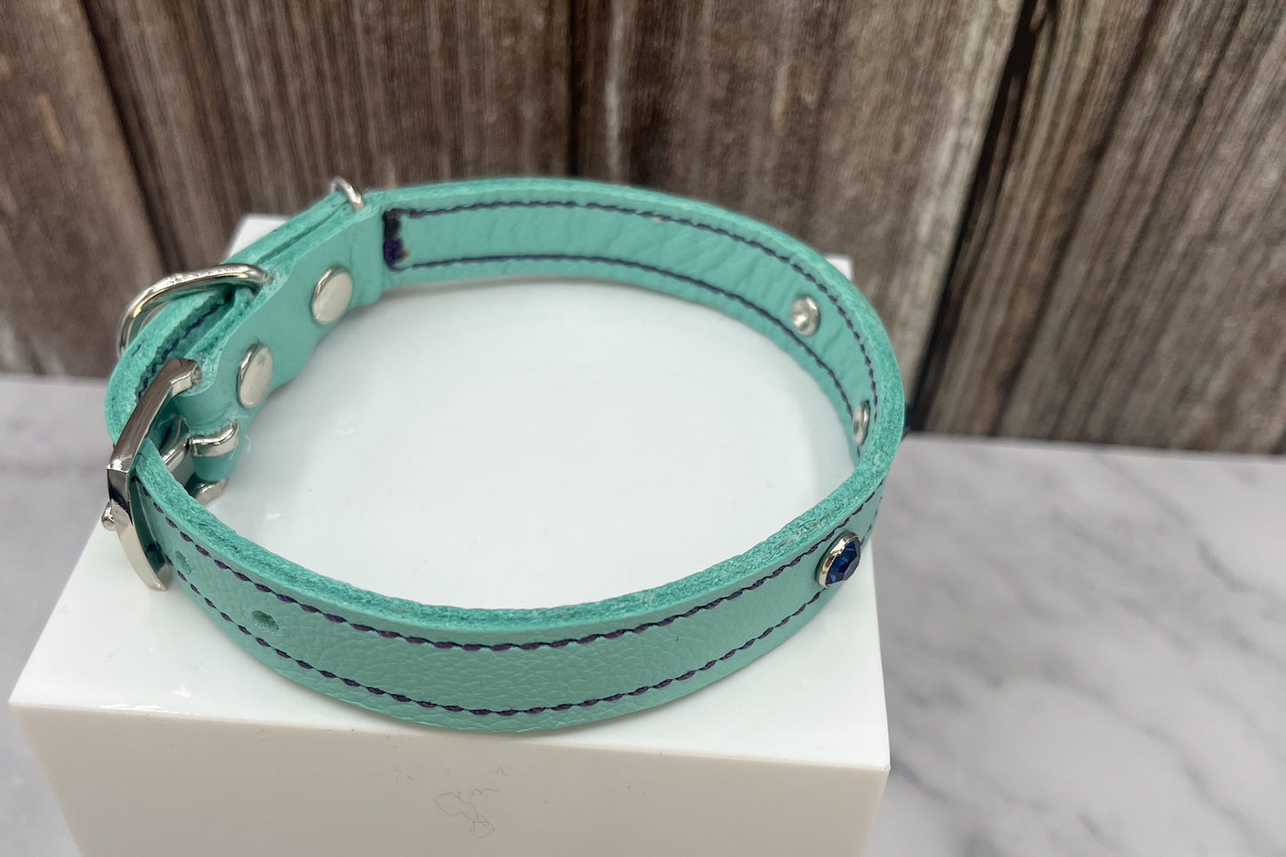 Aqua Green Leather Collar with Midnight Blue Gem Rivets