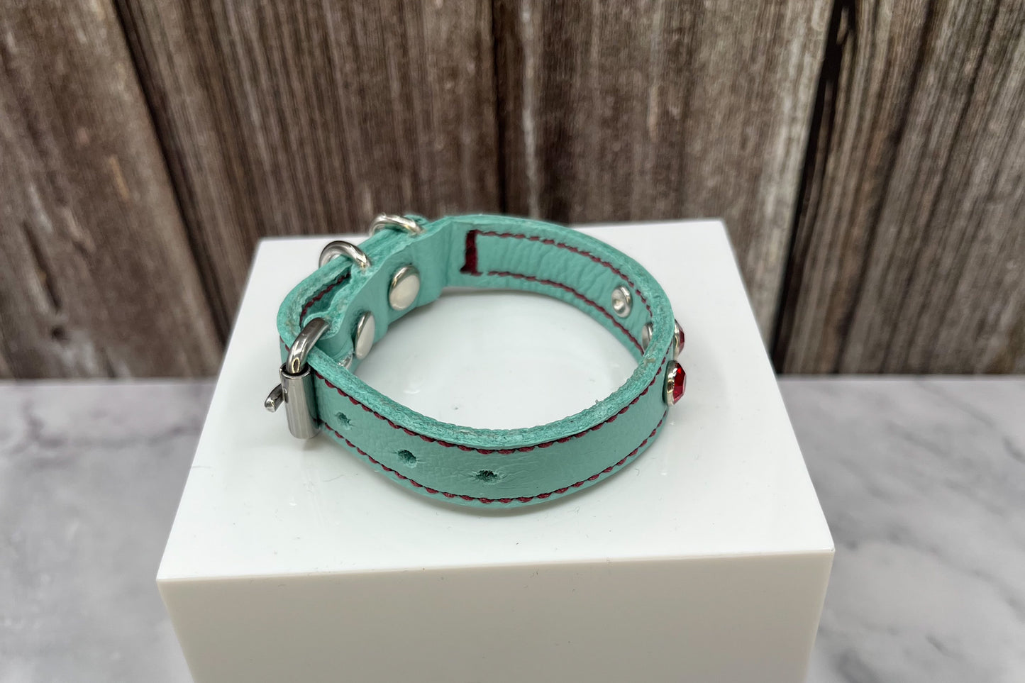 Aqua Green Leather Collar with Red gem rivets