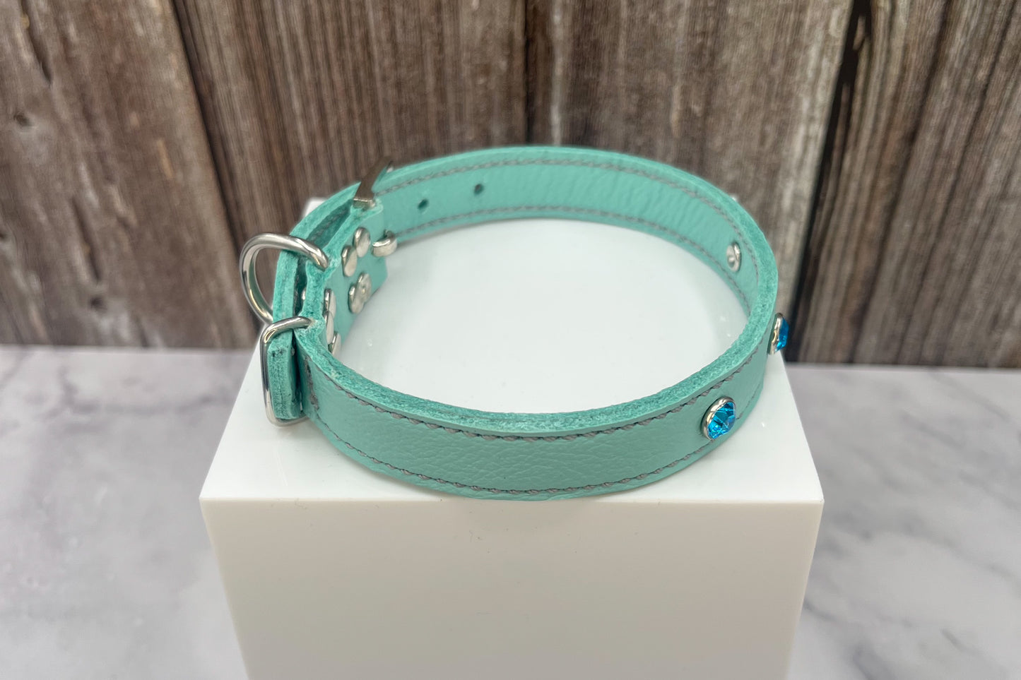 Aqua Green Leather Collar with Turquoise Gem Rivets