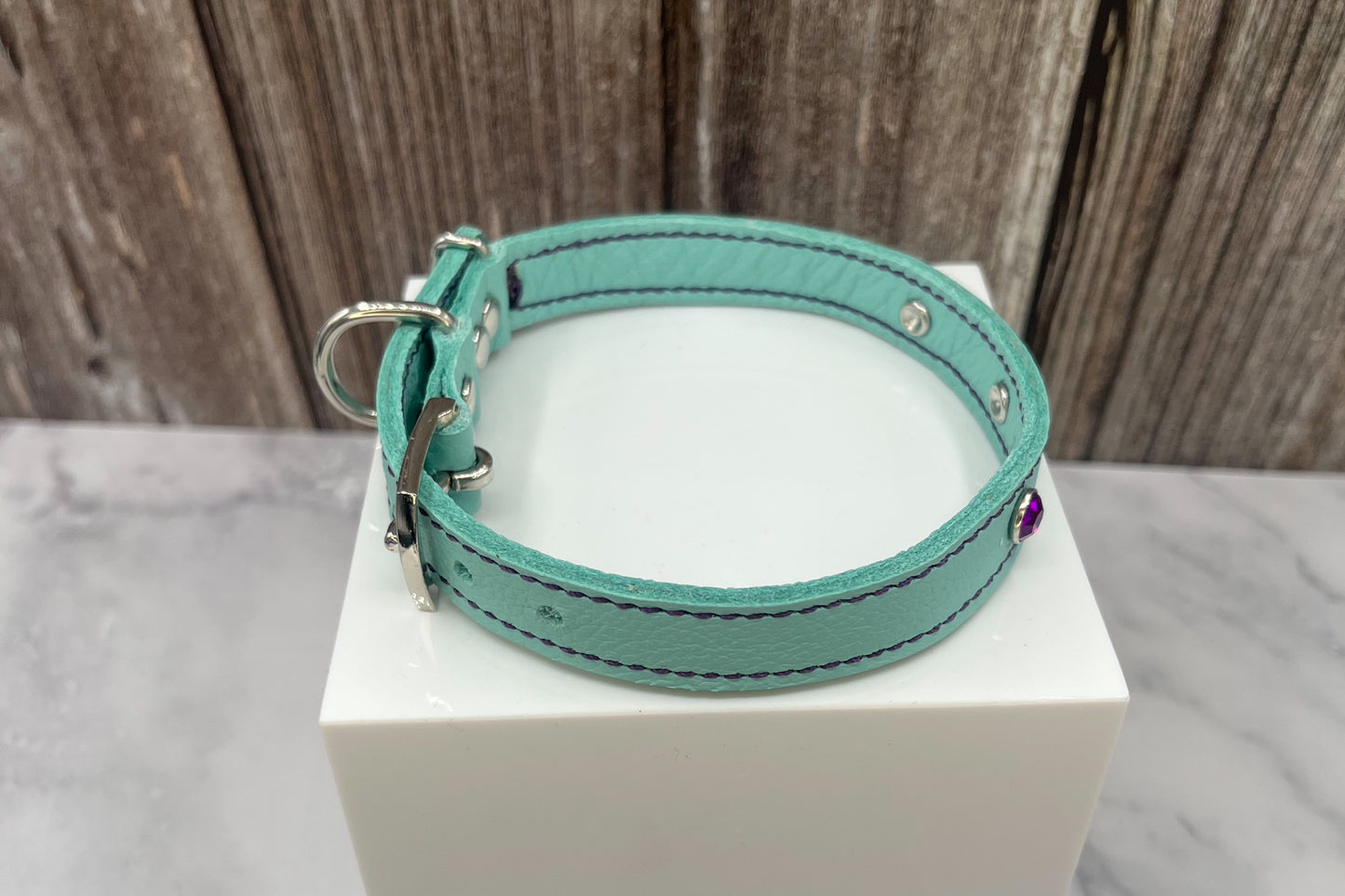 Aqua Green Leather Collar with Violet Rivets