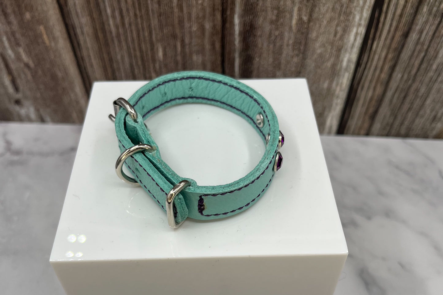 Extra Small Aqua Green Leather Collar with Violet gem rivets