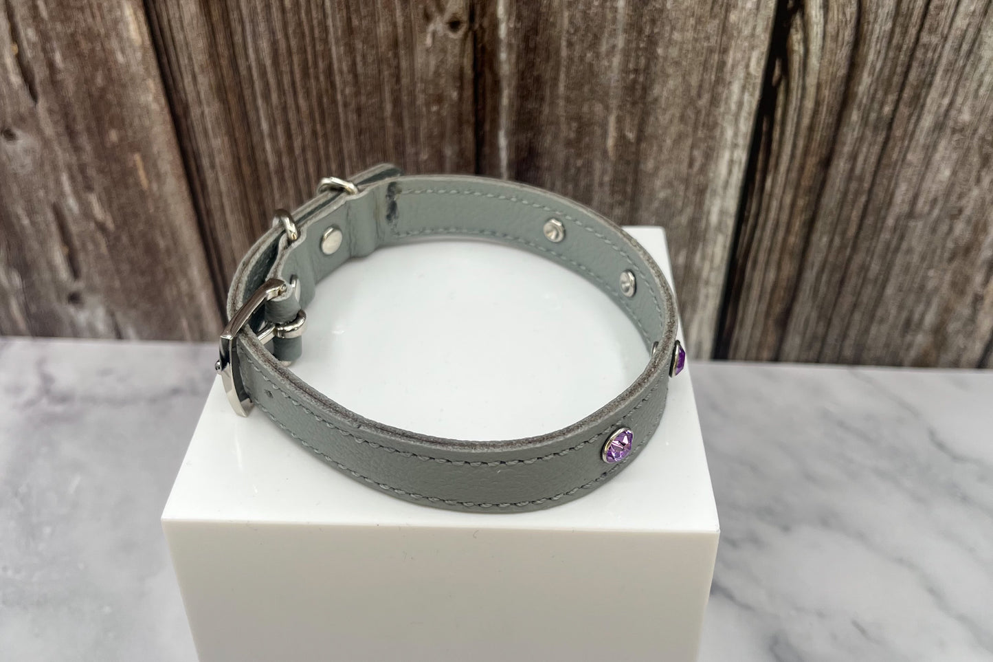 Grey Leather Collar with Lilac Gem Rivets