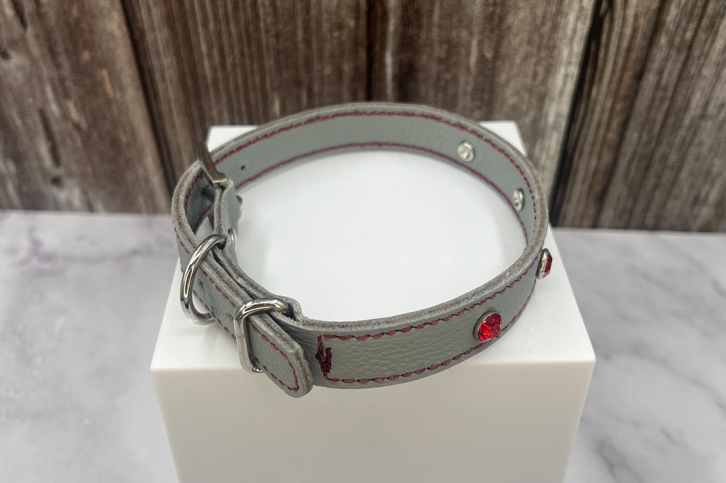 Grey Leather Collar wtih Red Gem Rivets