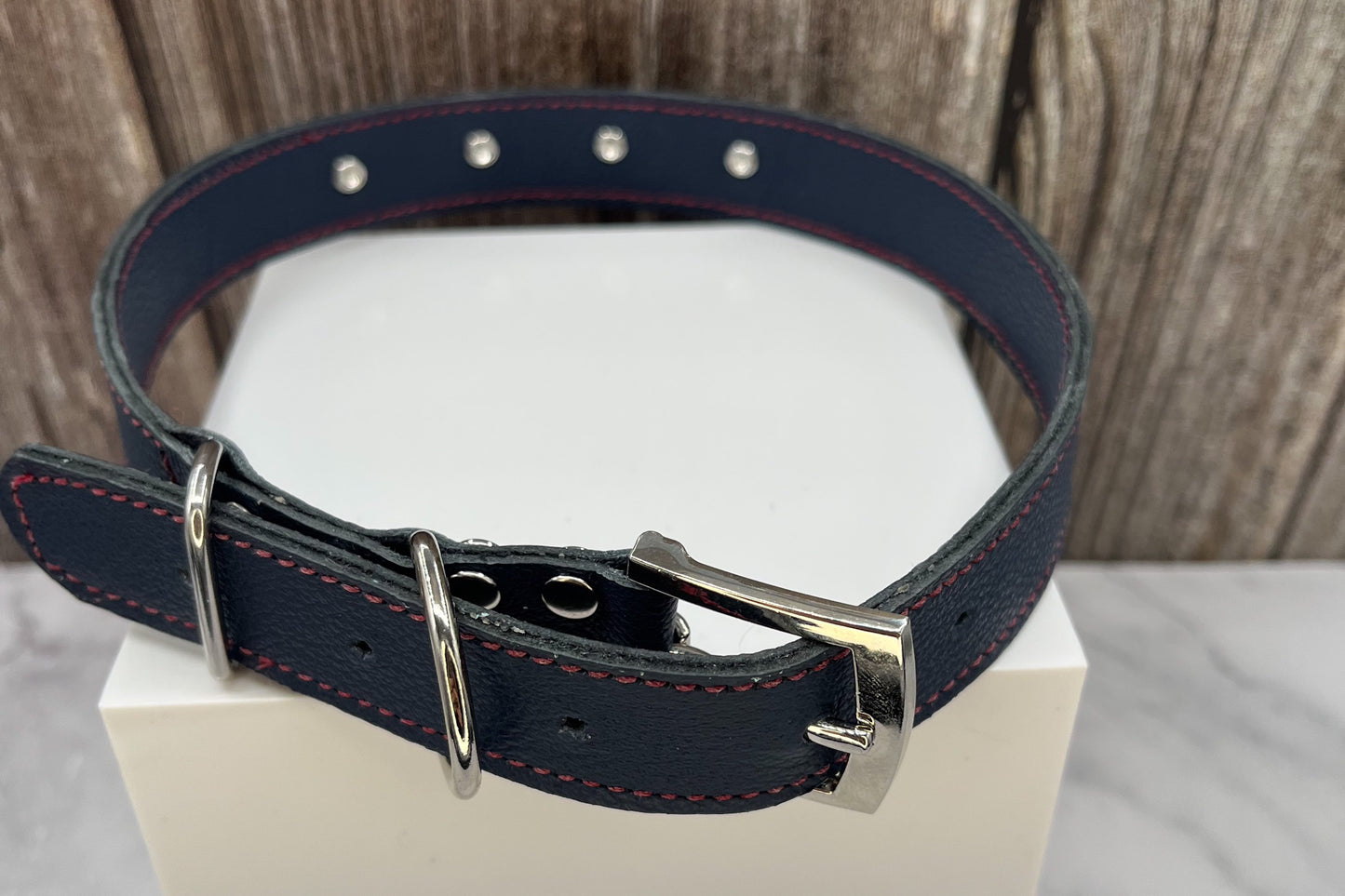 Large Navy Blue Leather Collar with Red Gem rivets