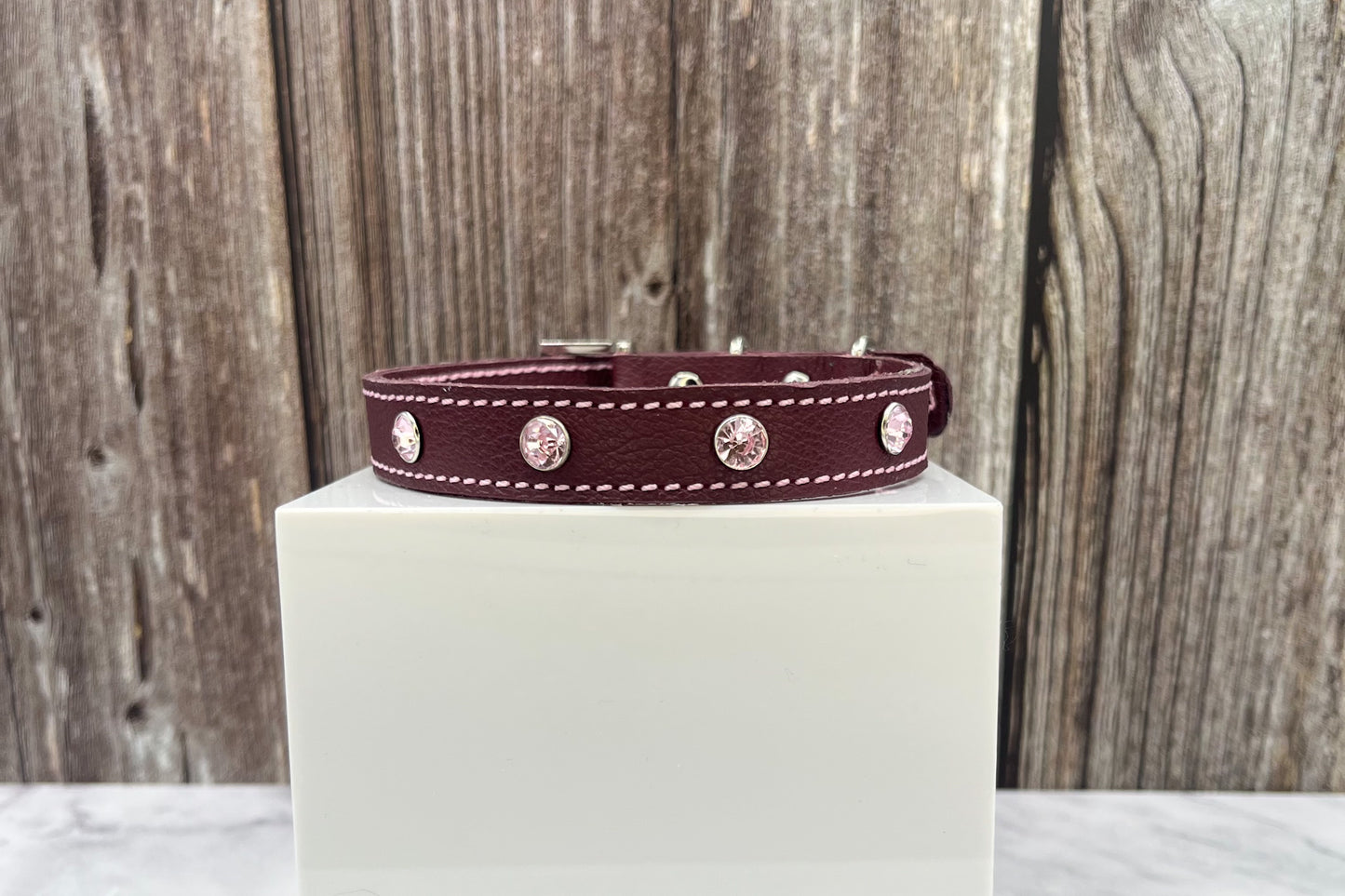 Small Red Leather Collar with Light Pink Gem Rivets