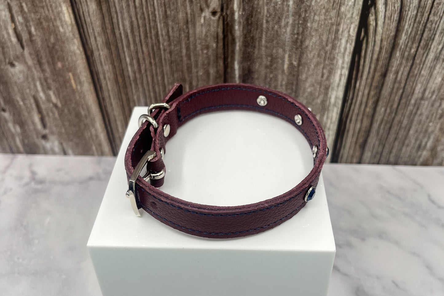 Red Leather Collar with Midnight Blue Gem Rivets