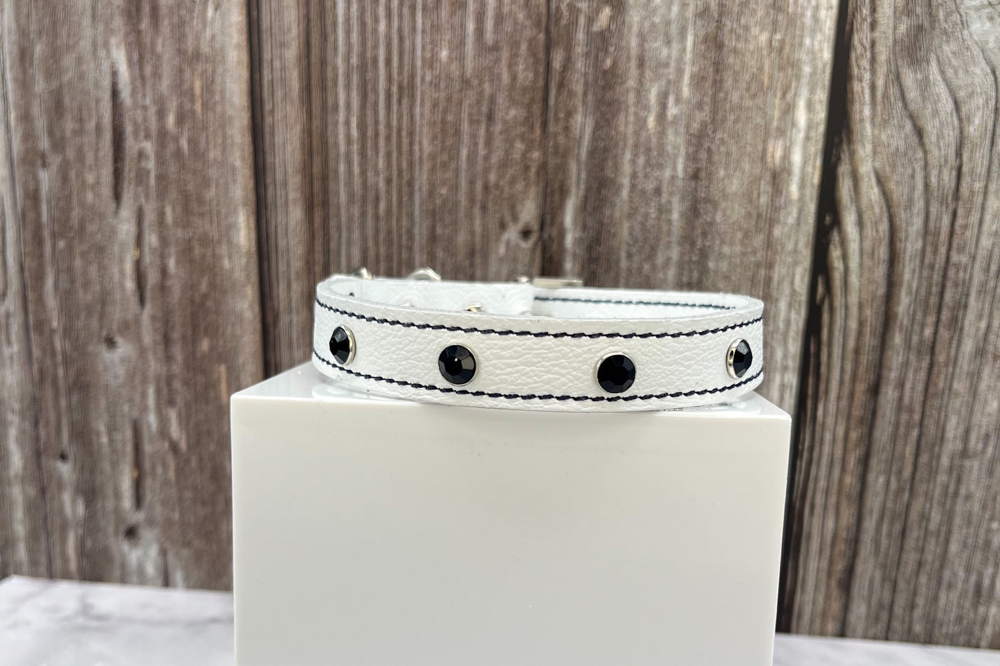 White Leather Collar with Black Rivets