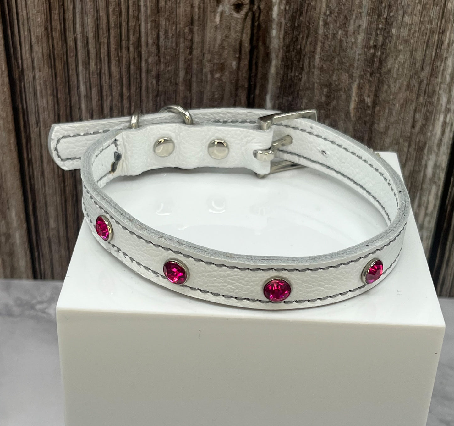 White Leather Collar with Hot Pink Rivets