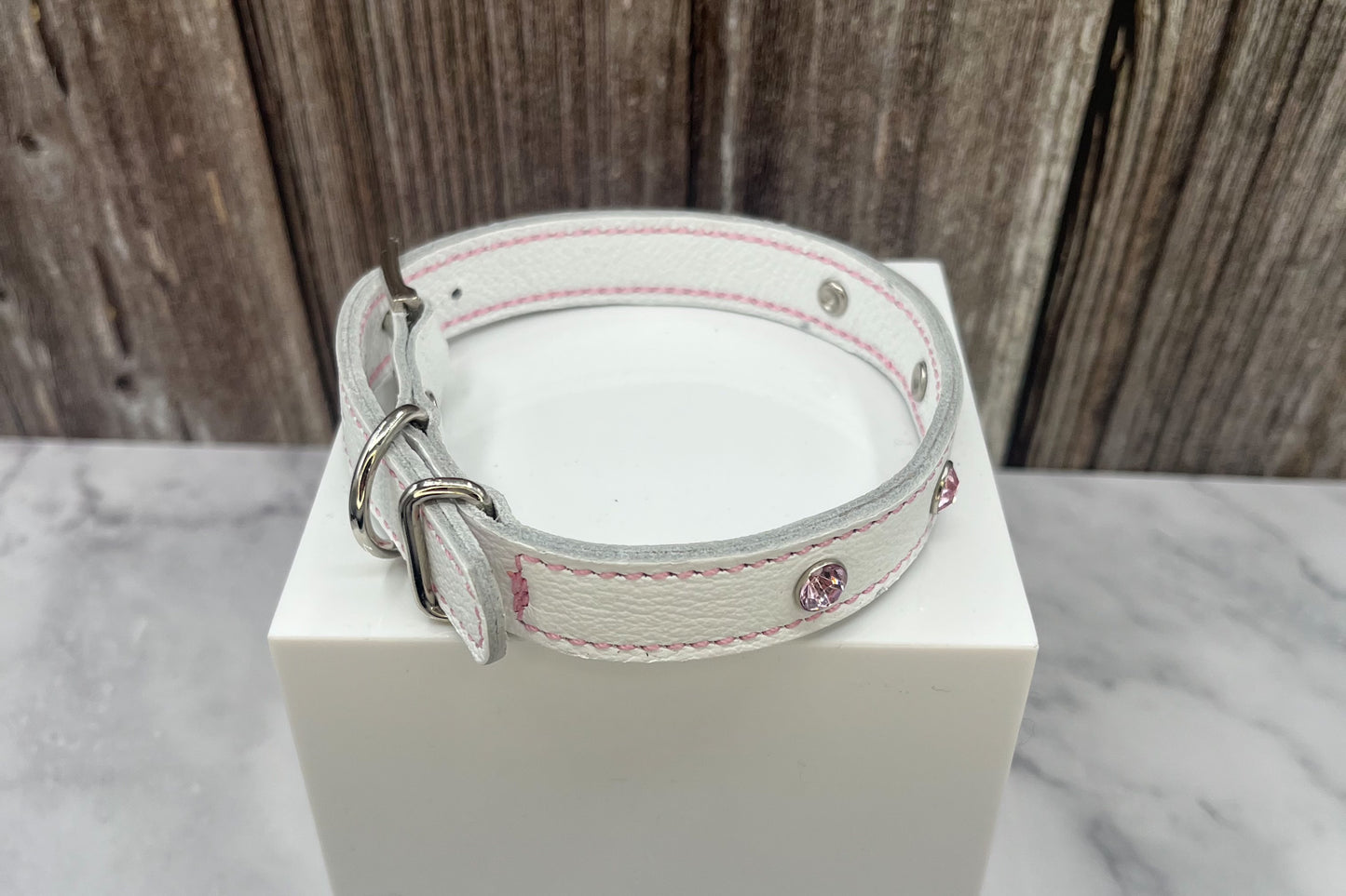 White Leather Collar with Light Pink Gem Rivets