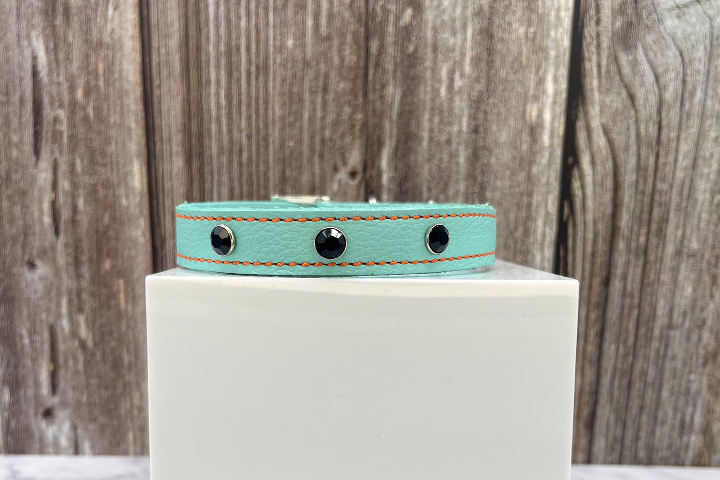 Aqua Green Leather Collar with Black Gem Rivets