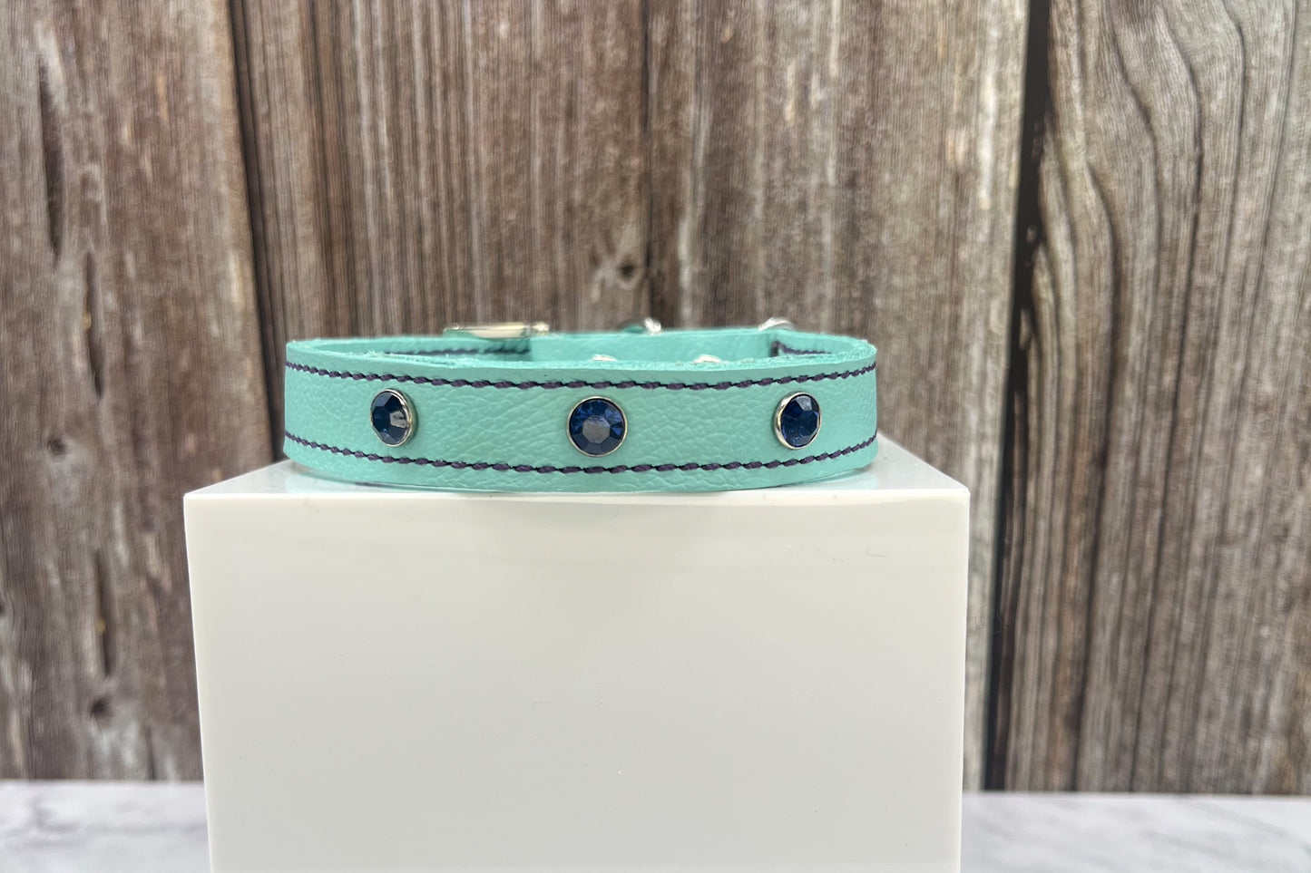 Aqua Green Leather Collar with Midnight Blue Gem Rivets