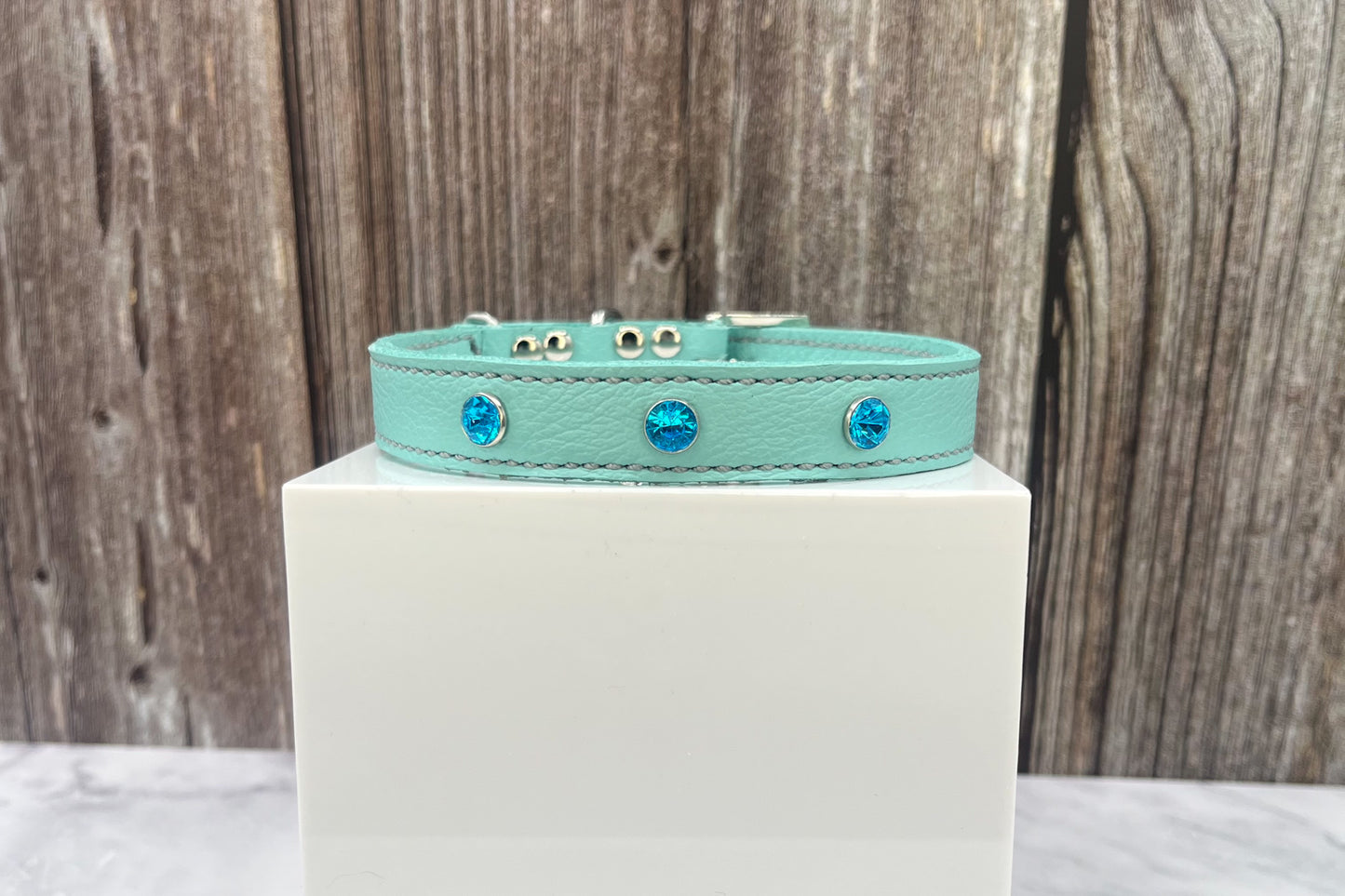 Aqua Green Leather Collar with Turquoise Gem Rivets