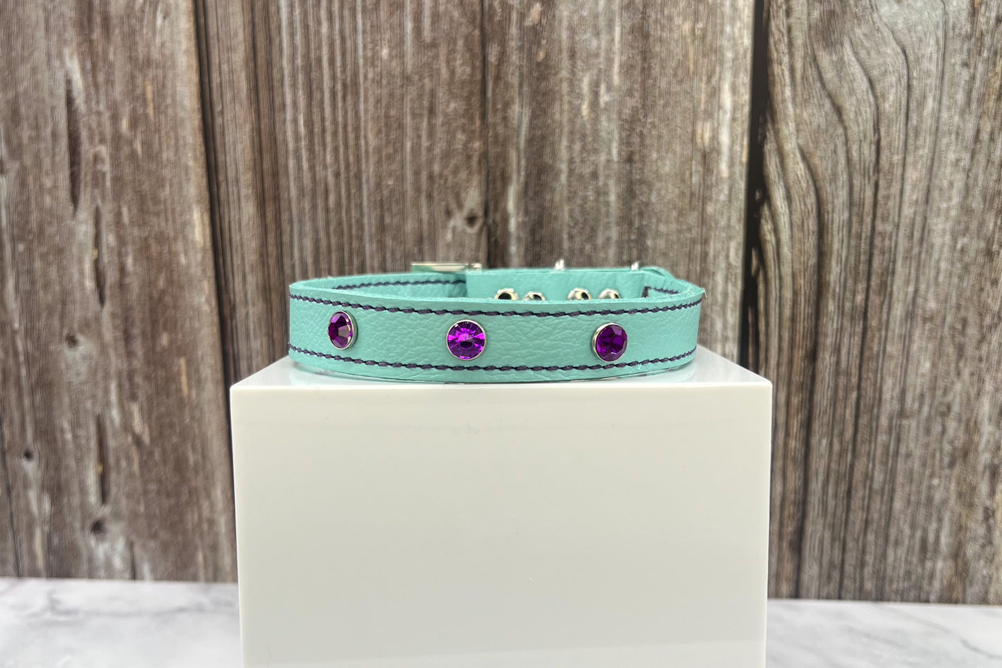 Aqua Green Leather Collar with Violet Rivets