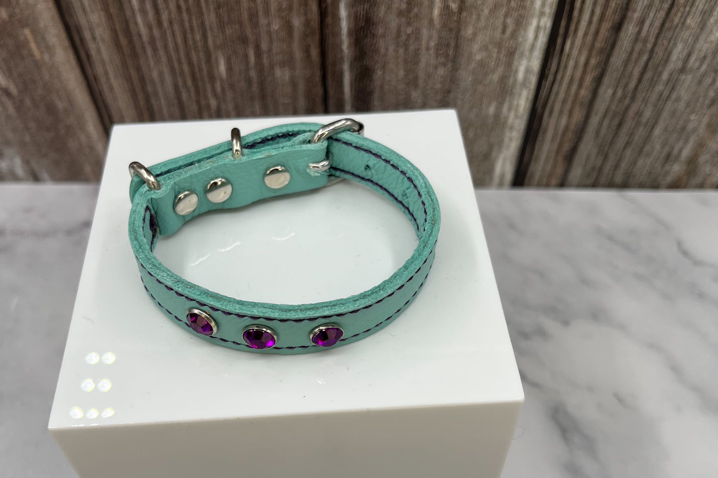 Extra Small Aqua Green Leather Collar with Violet gem rivets