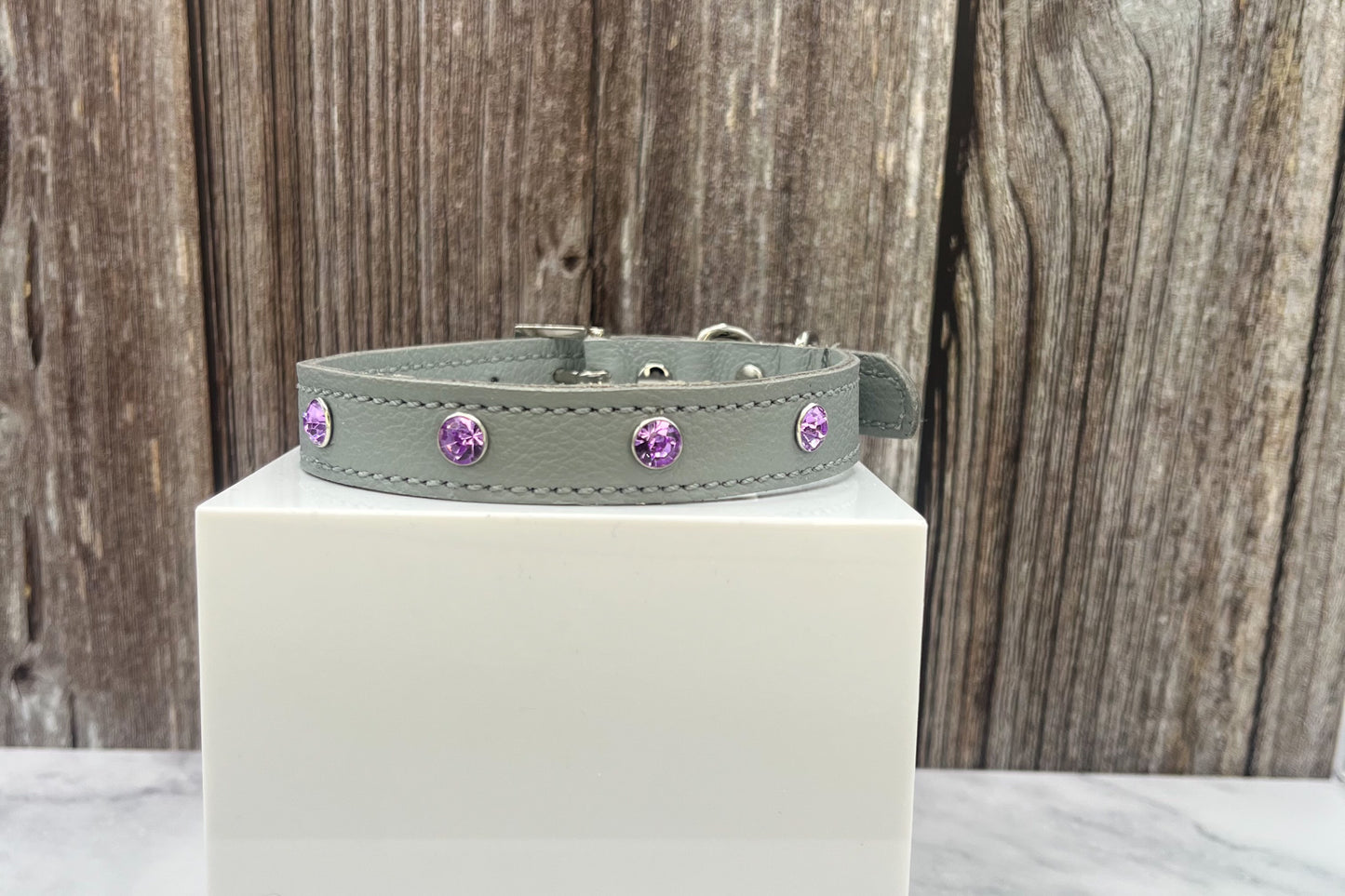 Grey Leather Collar with Lilac Gem Rivets