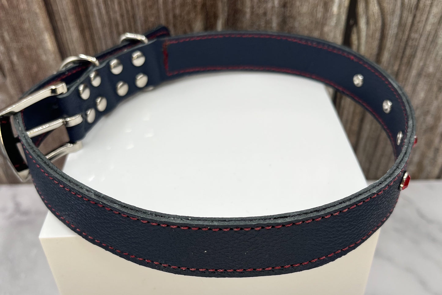 Large Navy Blue Leather Collar with Red Gem rivets