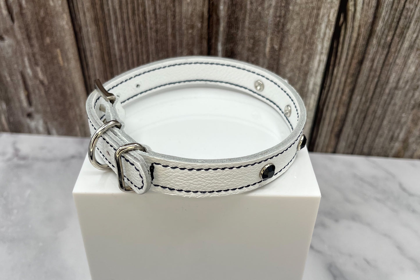 White Leather Collar with Black Rivets