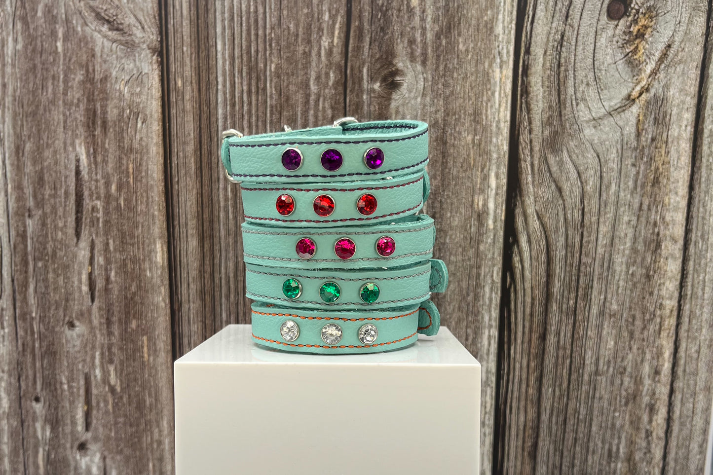 Aqua Green Leather Collar with Hot Pink gem rivets