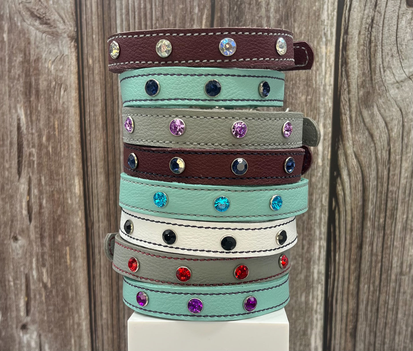 Aqua Green Leather Collar with Midnight Blue Gem Rivets