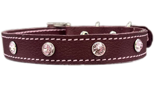 Small Red Leather Collar with Light Pink Gem Rivets