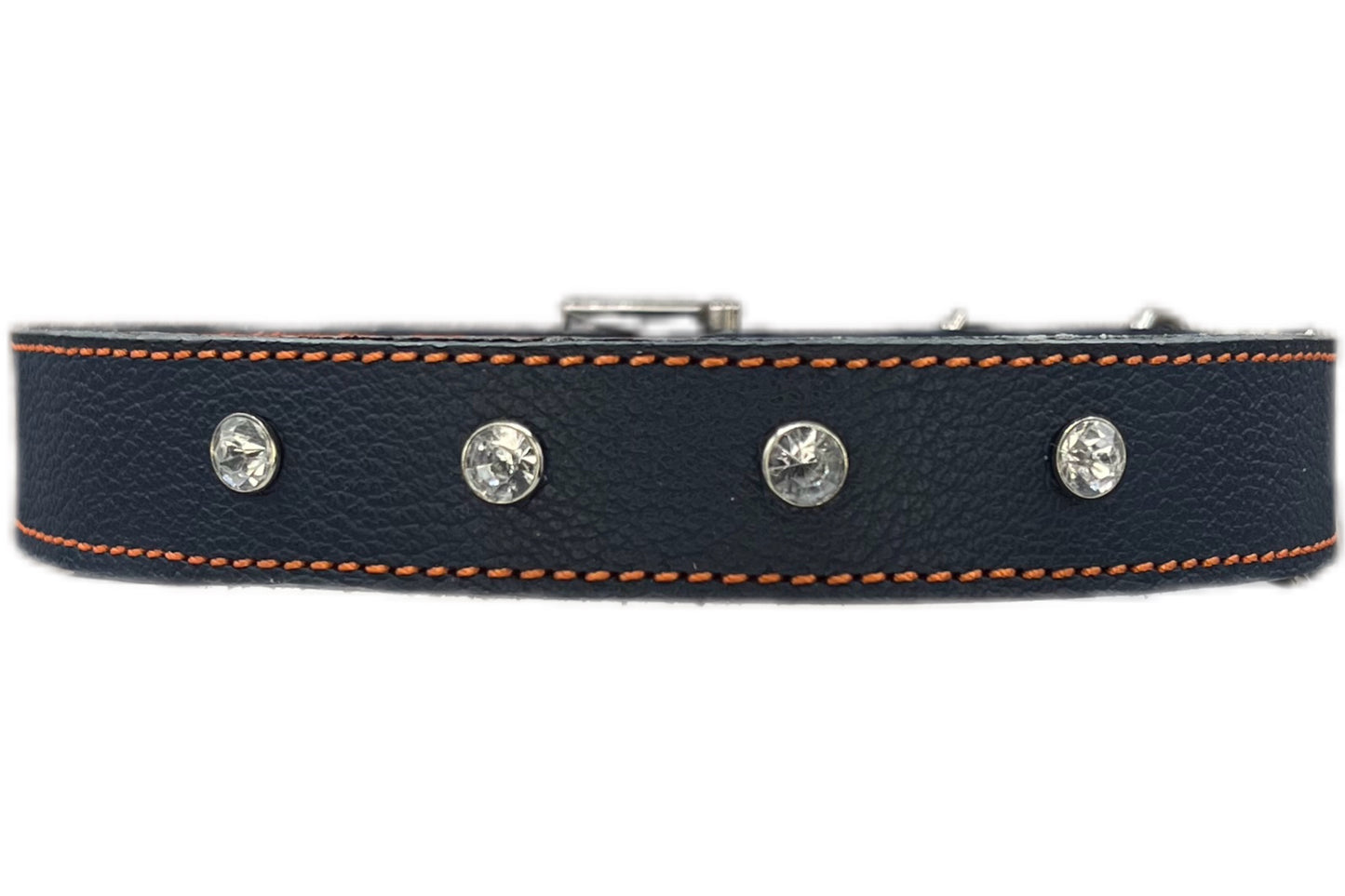 Large Navy Blue Leather Collar with Clear Gem rivets and Orange Stitching
