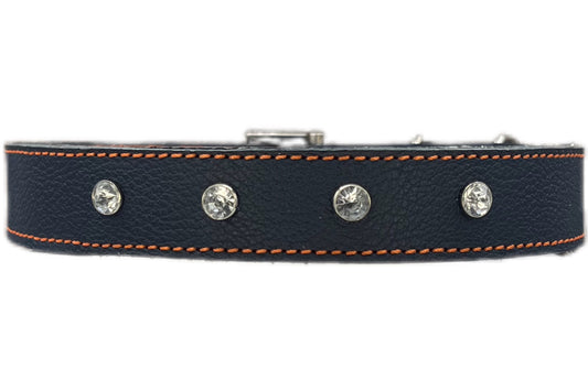 Large Navy Blue Leather Collar with Clear Gem rivets and Orange Stitching