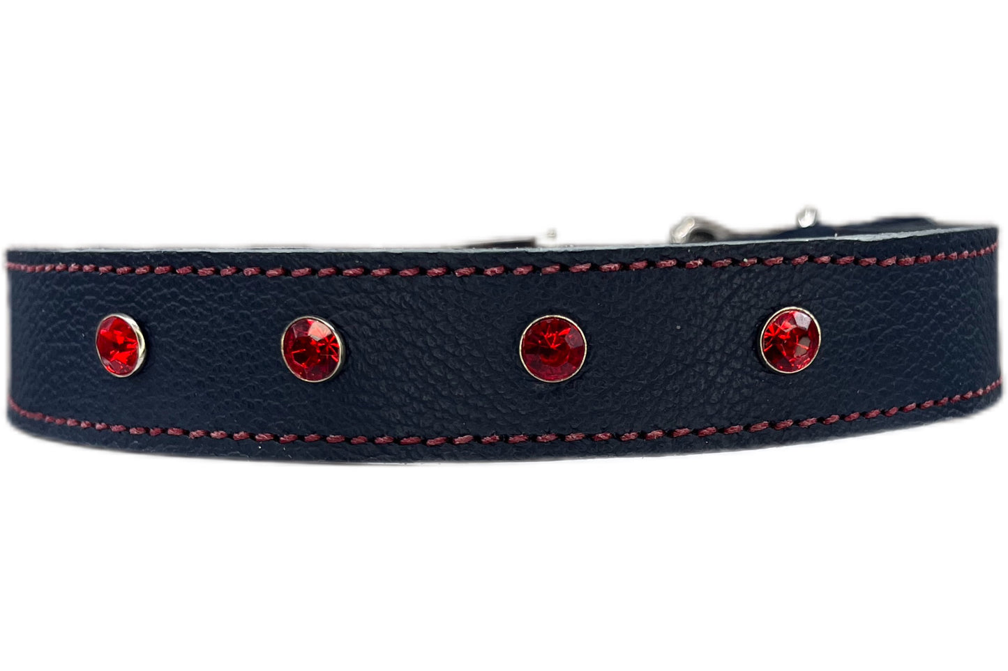 Large Navy Blue Leather Collar with Red Gem rivets